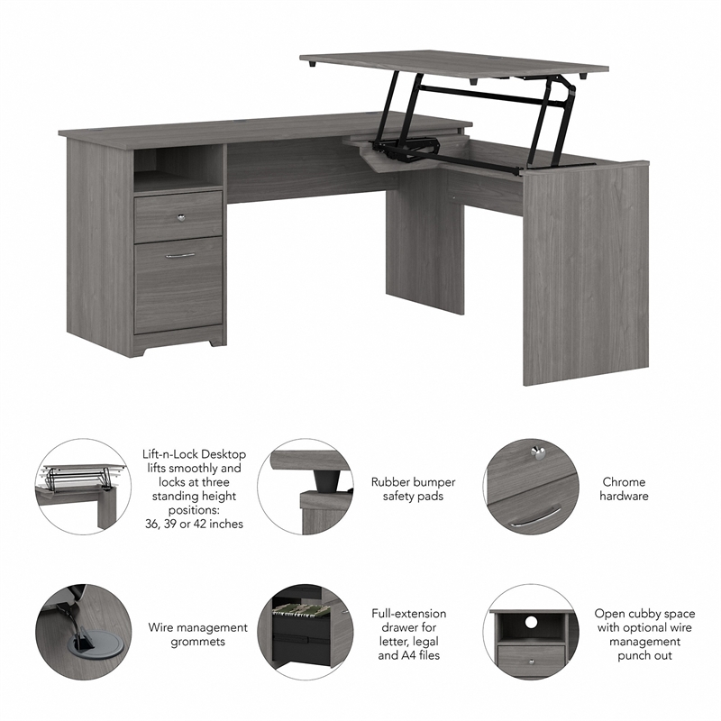 Pemberly Row Engineered Wood 60W 3 Position Sit to Stand L Shaped Desk - Gray