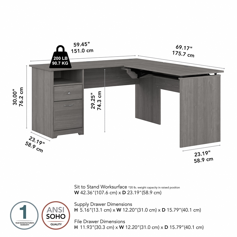 Pemberly Row Engineered Wood 60W 3 Position Sit to Stand L Shaped Desk - Gray