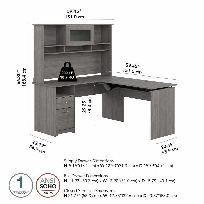 Pemberly Row Engineered Wood 60W Sit to Stand L Shaped Desk with Hutch - Gray