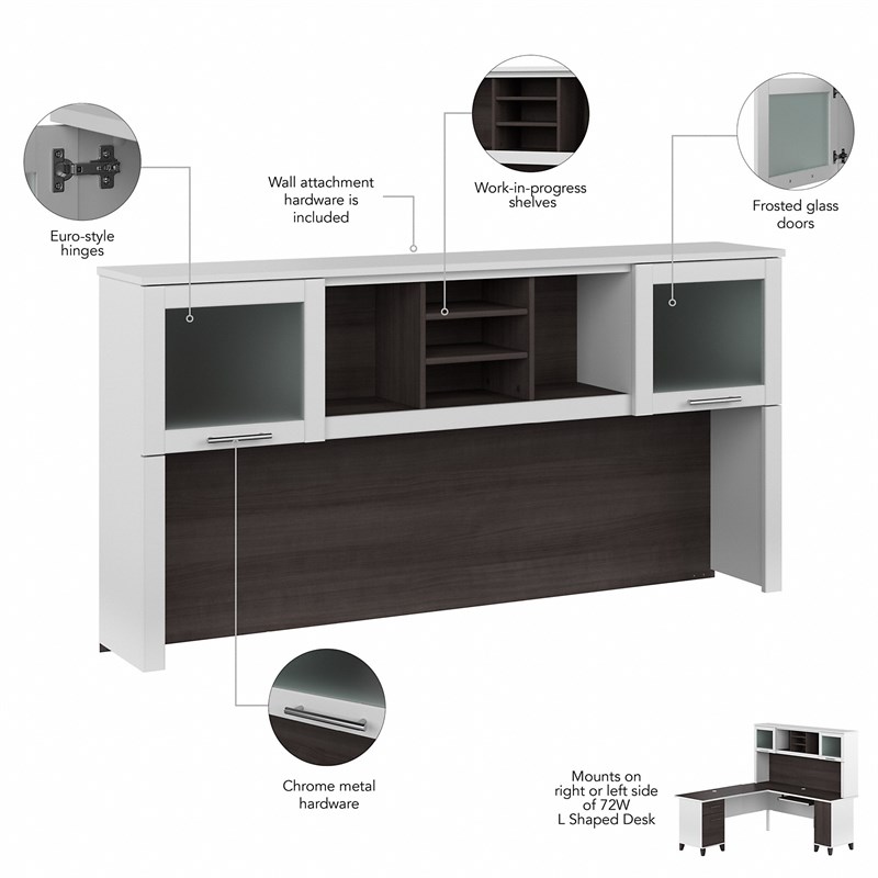 Pemberly Row 72W Desk Hutch in White and Storm Gray - Engineered Wood