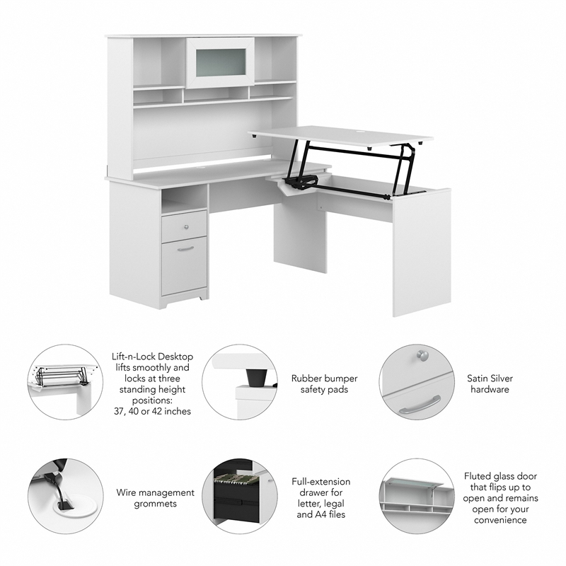 Pemberly Row 60W Sit to Stand L Desk with Hutch in White - Engineered Wood