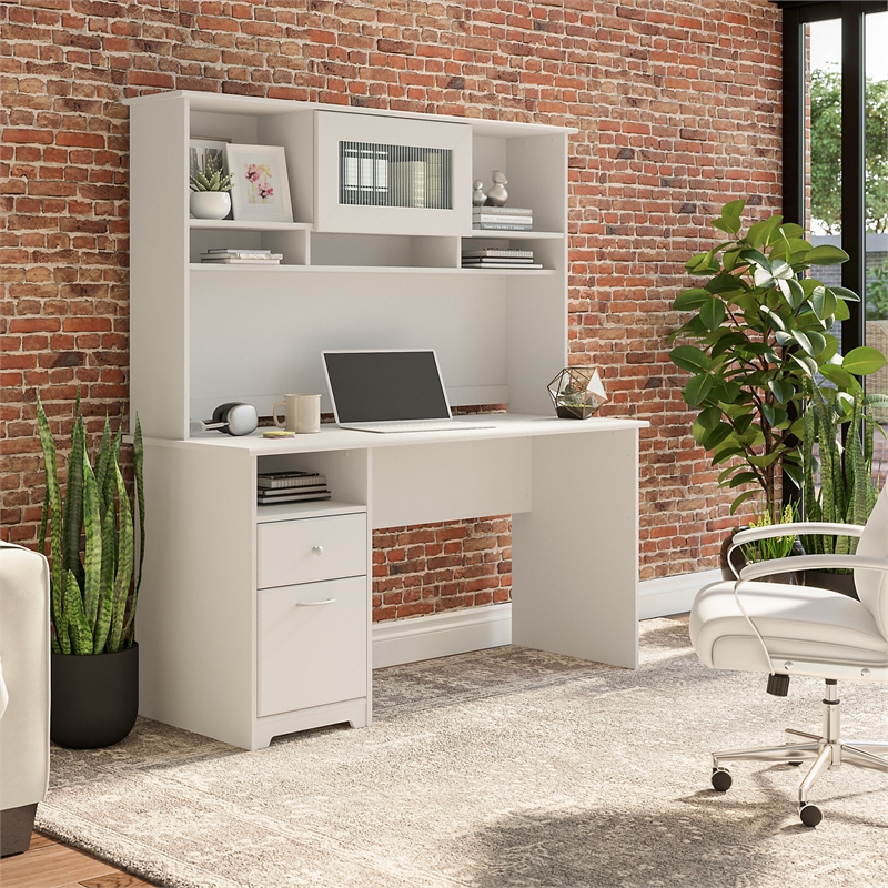 Pemberly Row 60W Computer Desk with Hutch in White - Engineered Wood