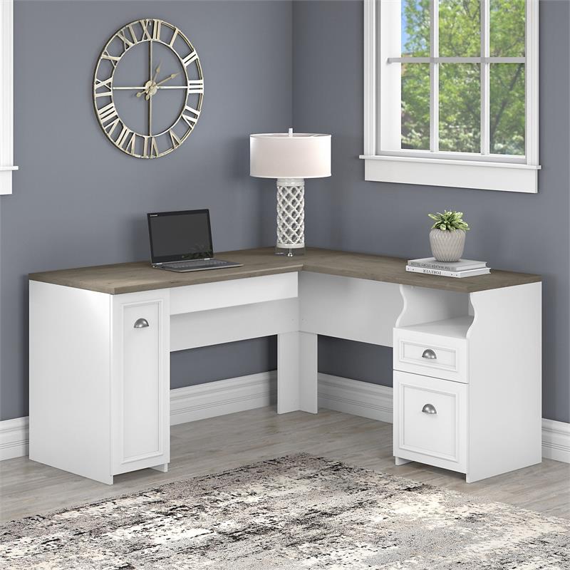 Pemberley Row Engineered Wood Pure White and Shiplap Gray L Shaped Desk Rectangular Keyboard Tray 60