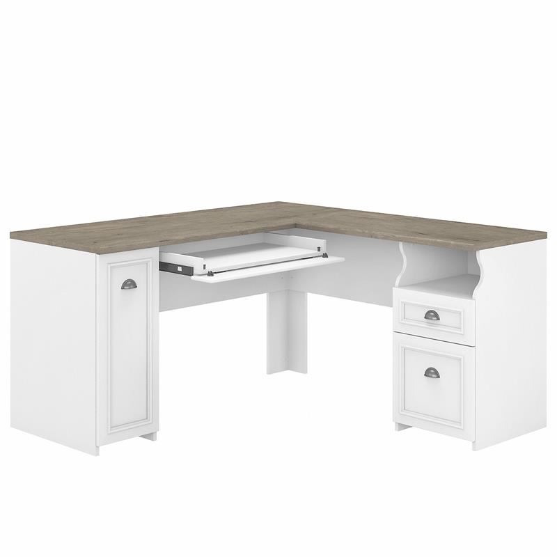 Pemberley Row Engineered Wood Pure White and Shiplap Gray L Shaped Desk Rectangular Keyboard Tray 60