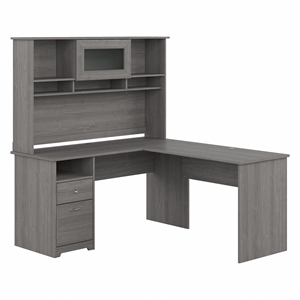 Pemberley Row Engineered Wood Gray L Shaped Desk with Hutch and Drawers 60W