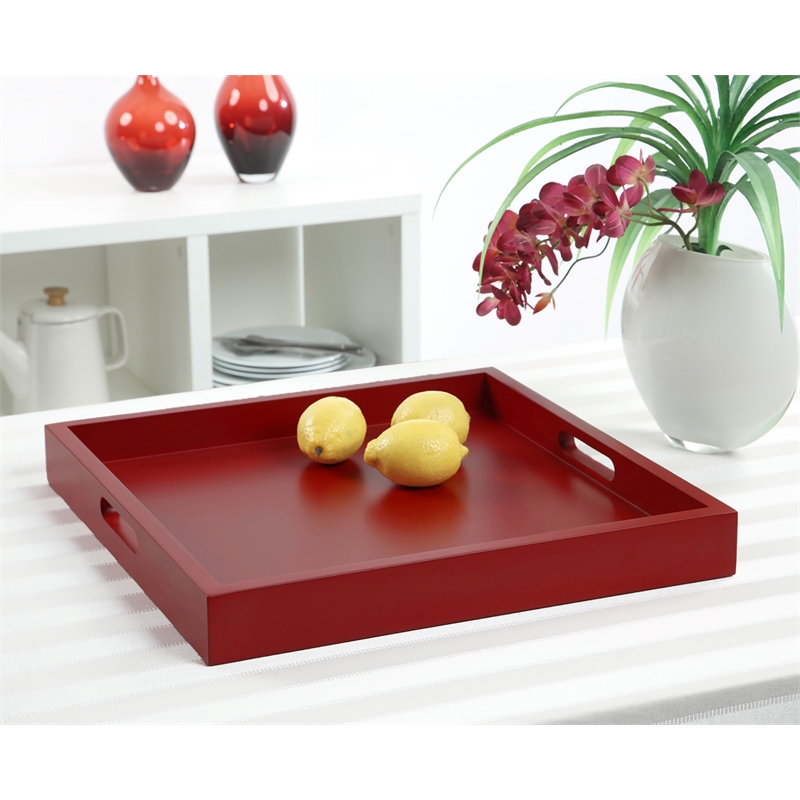 Pemberly Row Contemporary Tray in Red Wood Finish with Handles