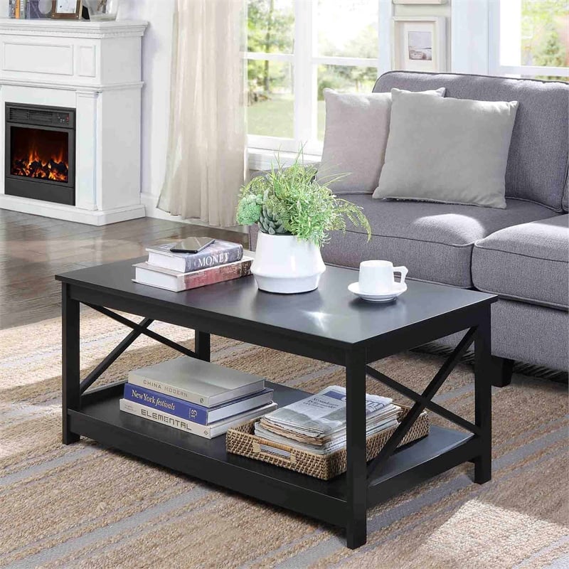 Pemberly Row Modern Coffee Table with Shelf in Black Wood Finish