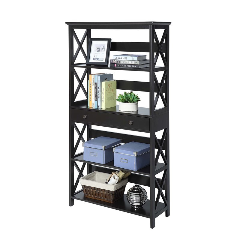 Pemberly Row 5 Tier Bookcase with Drawer in Black Wood Finish