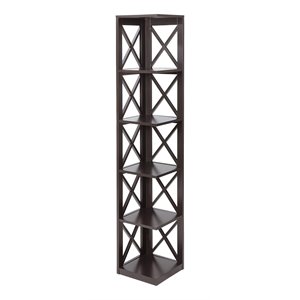 Pemberly Row Five-Tier Corner Bookcase in Espresso Wood Finish