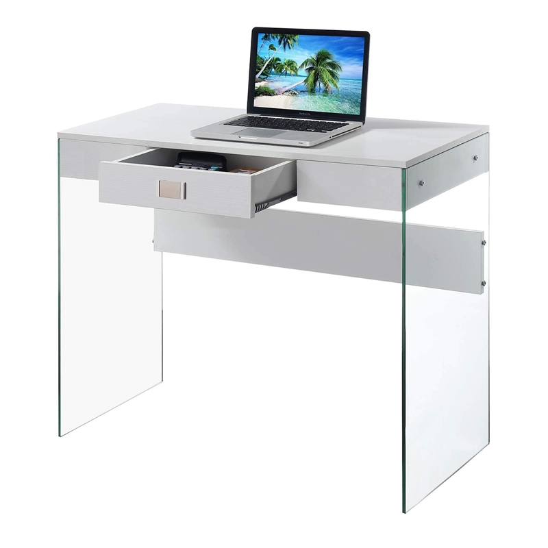 Pemberly Row Tempered Glass Clear and White Desk Rectangular Durable 36