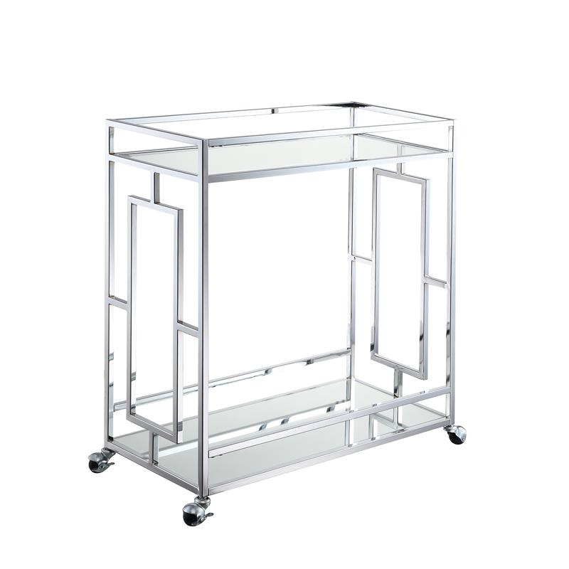 Pemberley Row Chrome Clear Glass Bar Cart Square Tempered Shelves 14