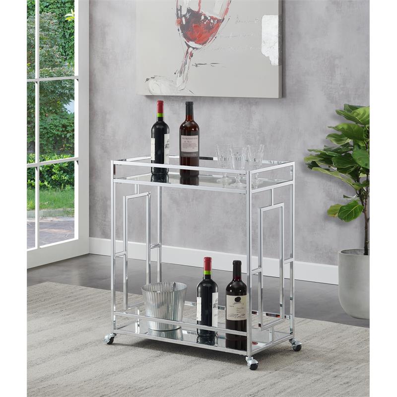 Pemberley Row Chrome Clear Glass Bar Cart Square Tempered Shelves 14