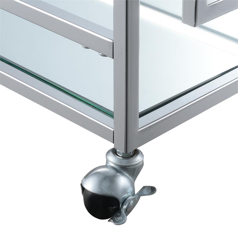 Pemberley Row Chrome Clear Glass Bar Cart Square Tempered Shelves 14