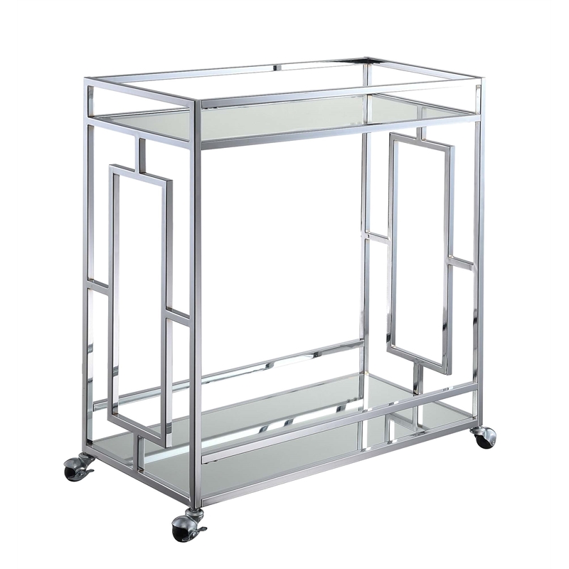 Pemberley Row Chrome Clear Glass Bar Cart Square Tempered Shelves 14