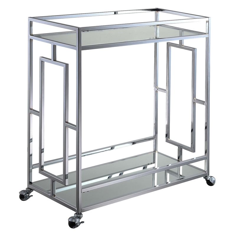 Pemberley Row Chrome Clear Glass Bar Cart Square Tempered Shelves 14