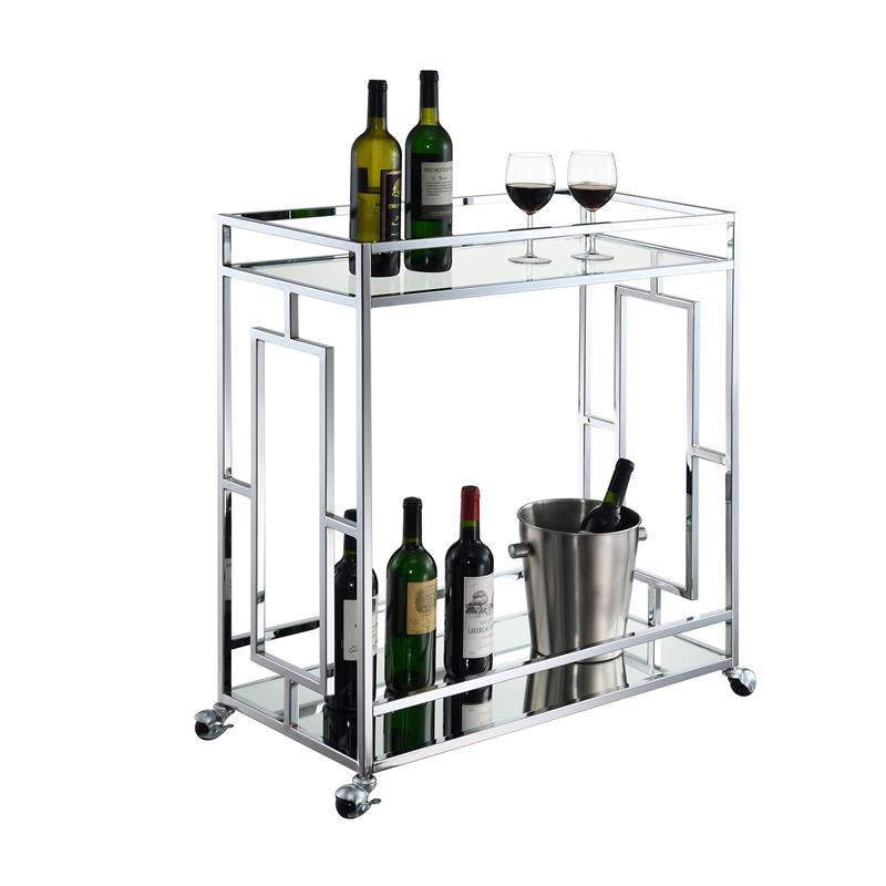 Pemberley Row Chrome Clear Glass Bar Cart Square Tempered Shelves 14