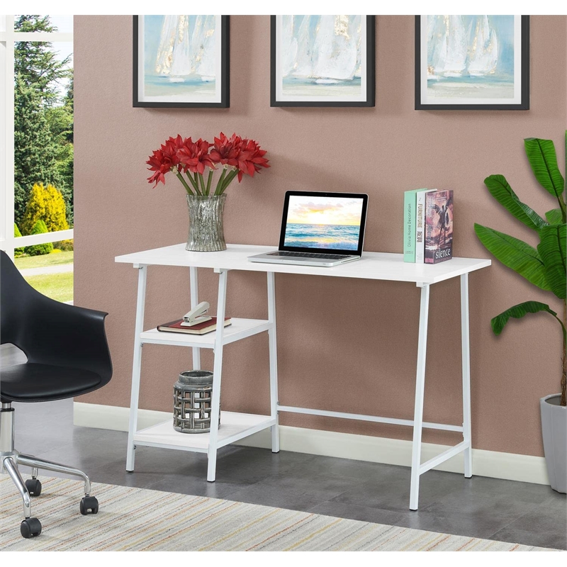 Pemberly Row Modern Trestle White Metal Desk with White Wood Top
