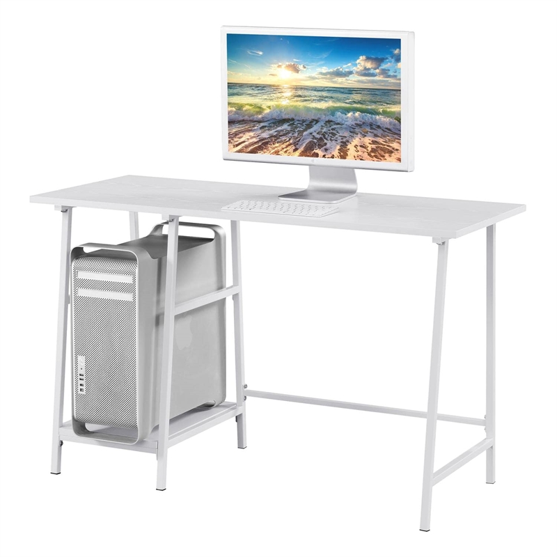 Pemberly Row Modern Trestle White Metal Desk with White Wood Top