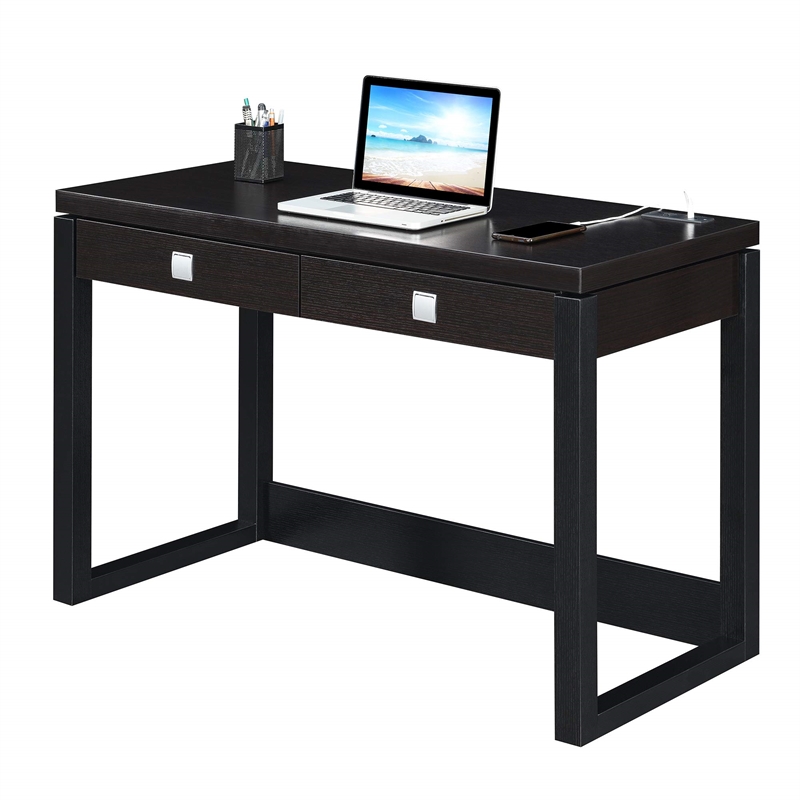 Pemberly Row Two-Drawer Desk with Charging Station in Black Wood