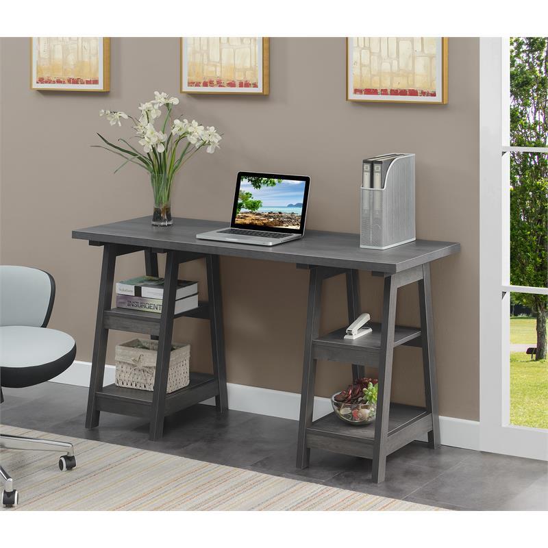 Pemberly Row Contemporary Double Trestle Desk in Gray Wood Finish