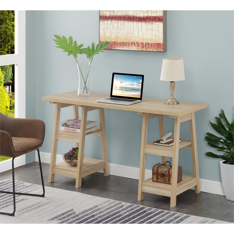 Pemberly Row Modern Double Trestle Desk in Natural Wood Finish