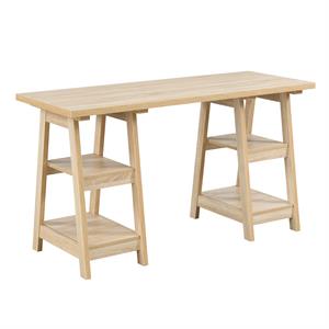 Pemberly Row Modern Double Trestle Desk in Natural Wood Finish