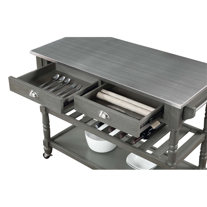 Pemberly Row French Stainless Steel Top Kitchen Cart- Gray Wood