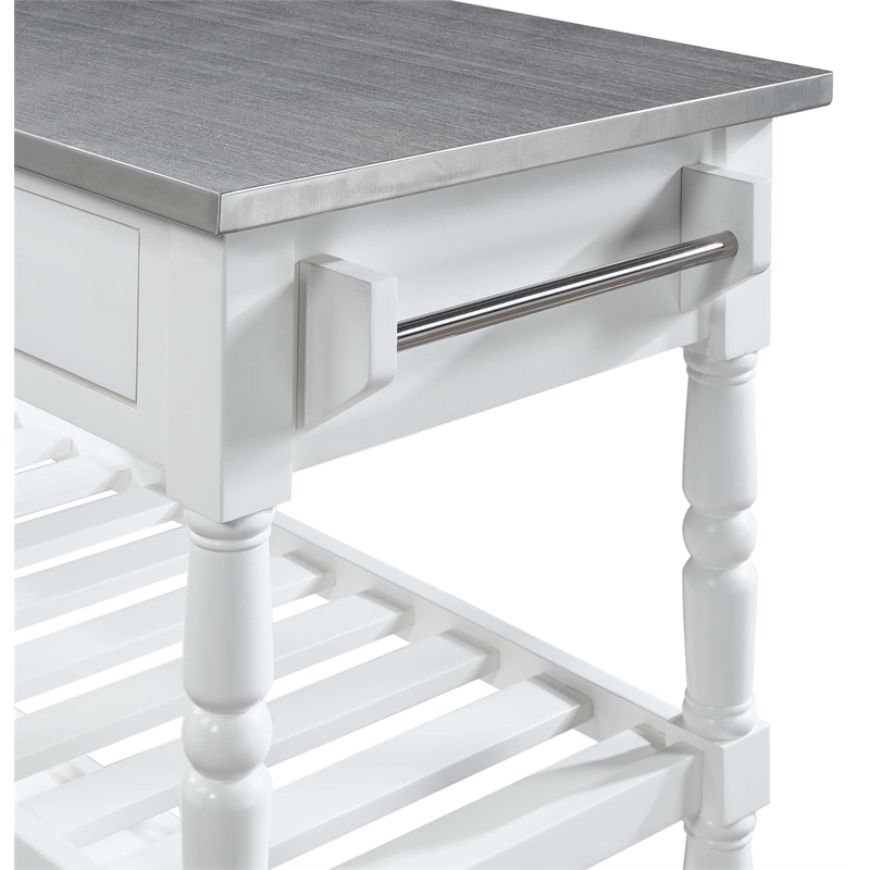 Pemberly Row French Stainless Steel Top Kitchen Cart- White Wood