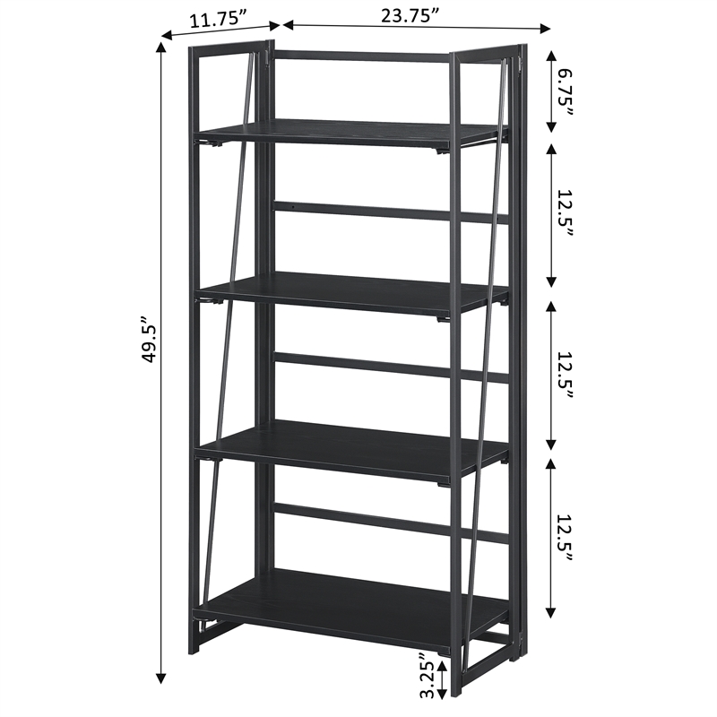 Pemberly Row Folding Four-Tier Bookshelf in Black Wood Finish