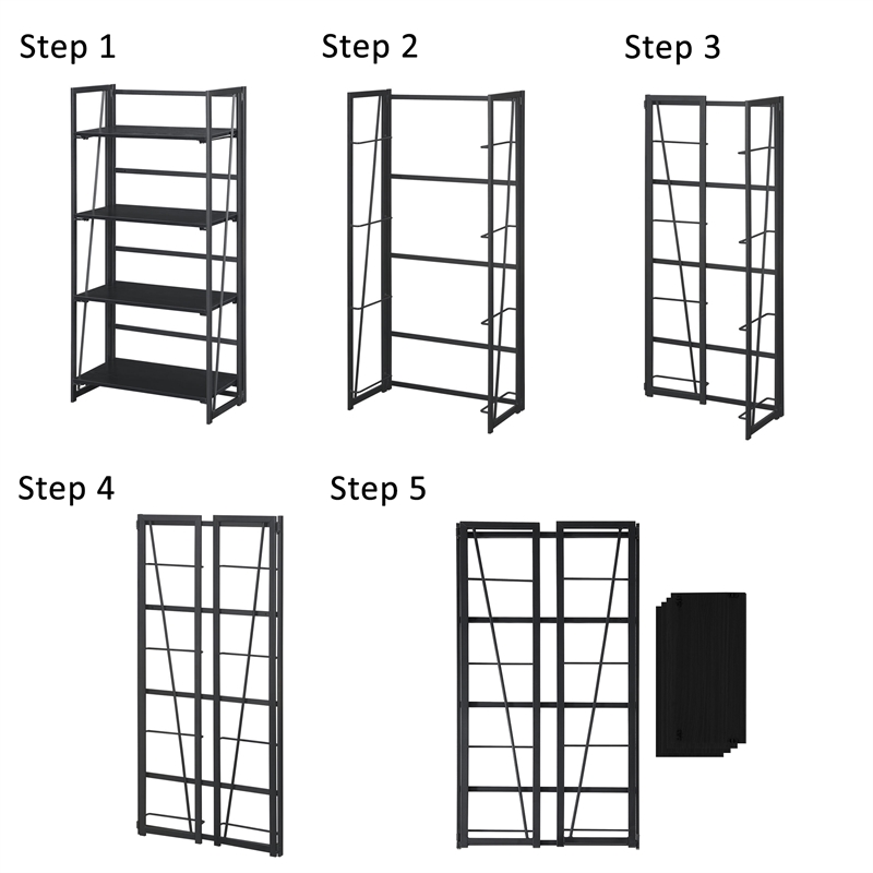 Pemberly Row Folding Four-Tier Bookshelf in Black Wood Finish