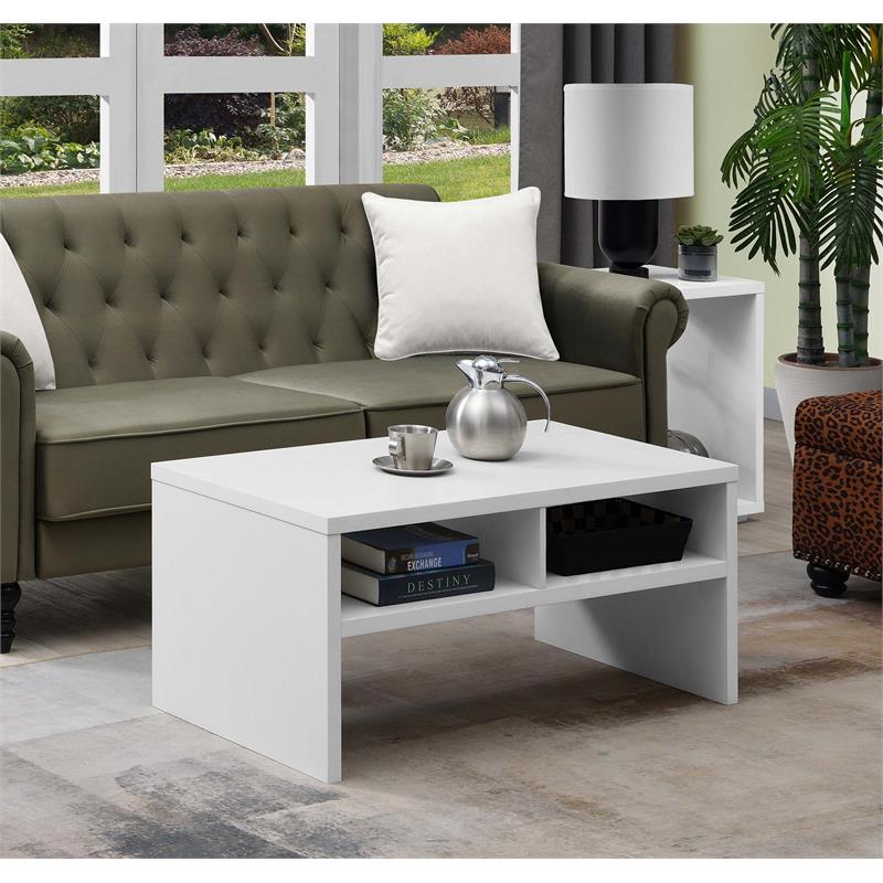 Pemberly Row Deluxe Coffee Table with Shelves in White Wood Finish