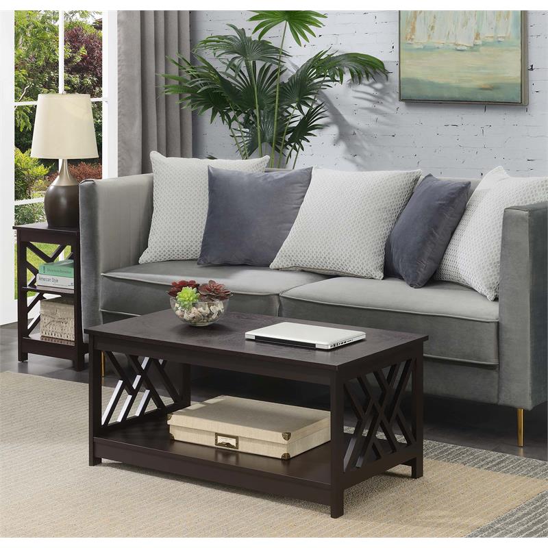 Pemberly Row Coffee Table with Shelf in Espresso Wood Finish