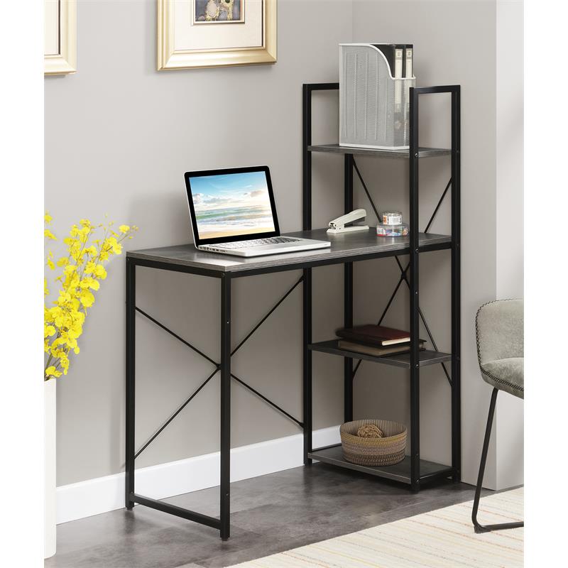Pemberly Row Modern Office Workstation with Shelves in Gray Wood