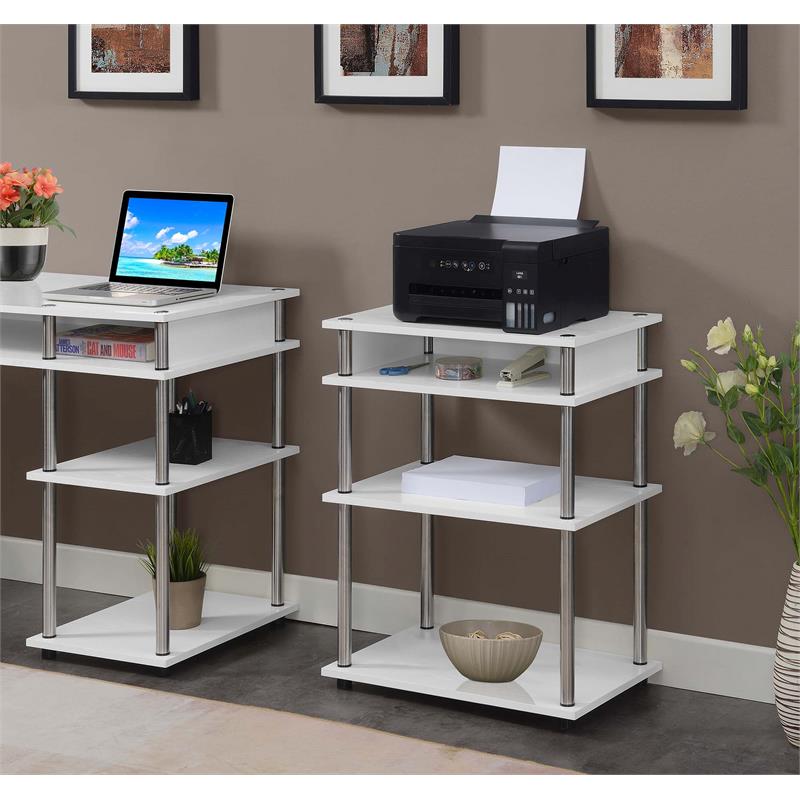 Pemberly Row No-Tools Printer Stand with Shelves in White Wood Finish