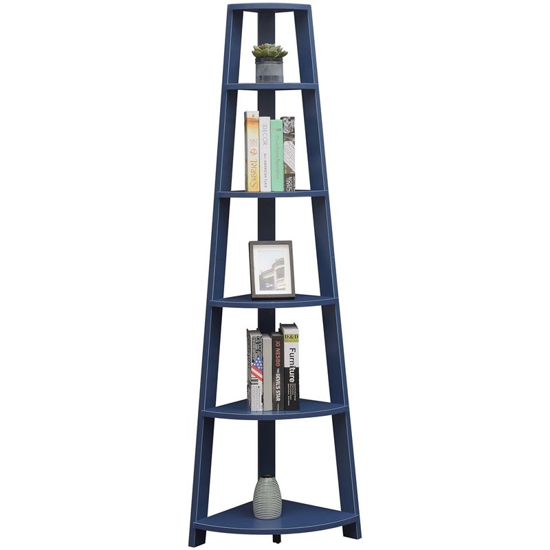 Pemberly Row Contemporary 5-Tier Corner Bookshelf in Blue Wood