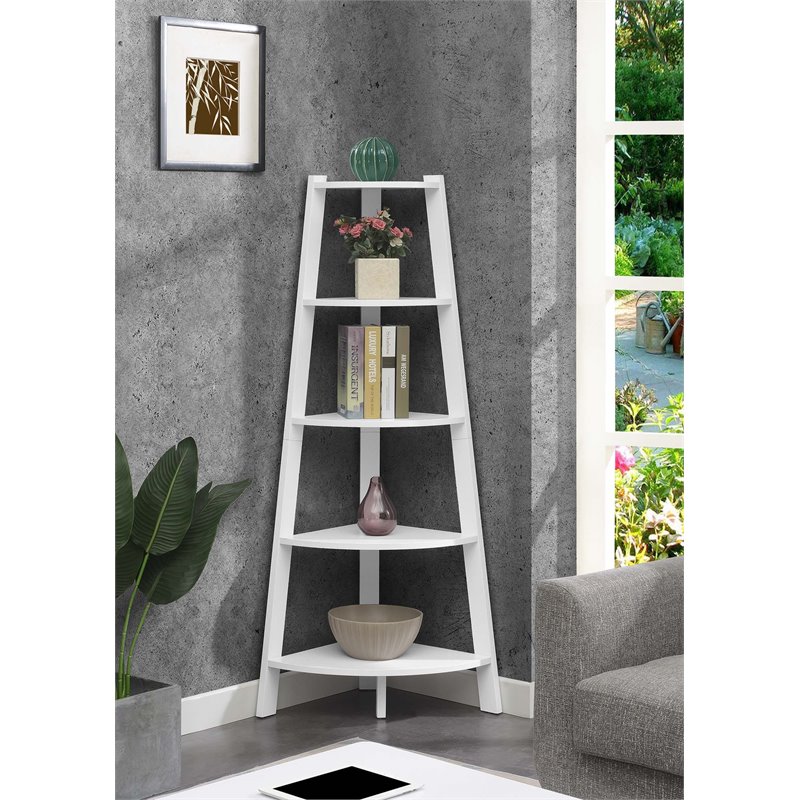 Pemberly Row Modern 5-Tier Wide Corner Bookcase in White Wood