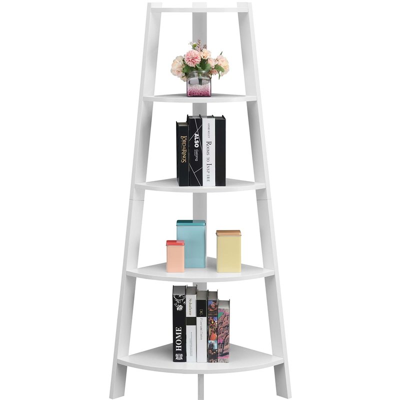 Pemberly Row Modern 5-Tier Wide Corner Bookcase in White Wood