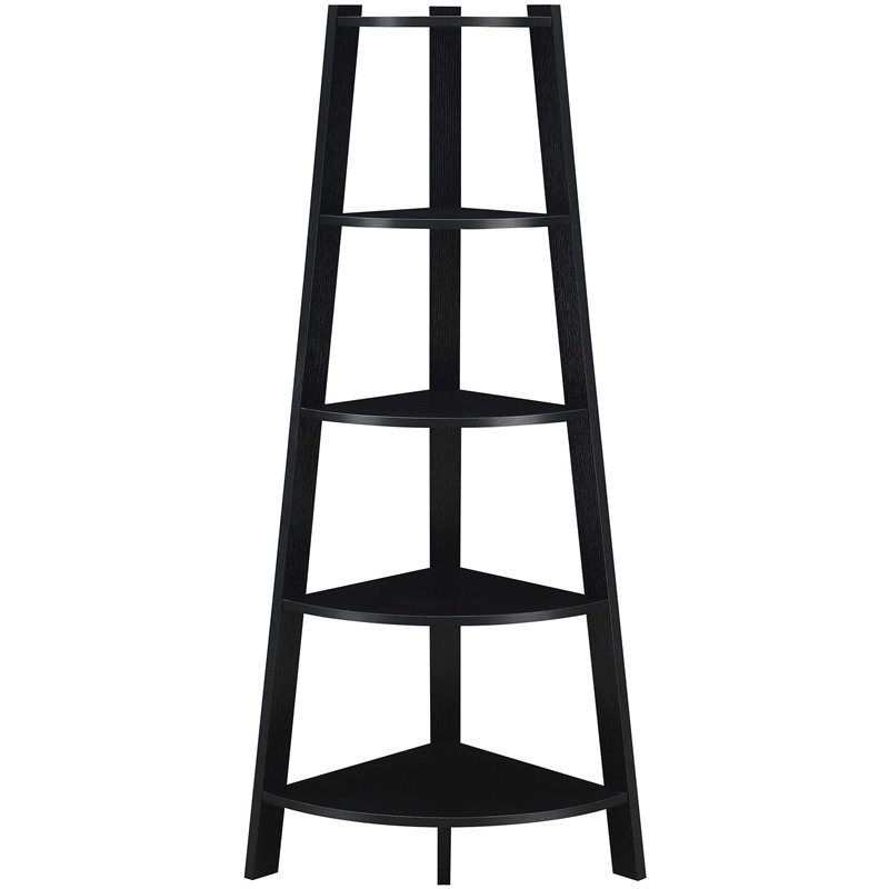 Pemberly Row Modern 5-Tier Wide Corner Bookcase in Black Wood