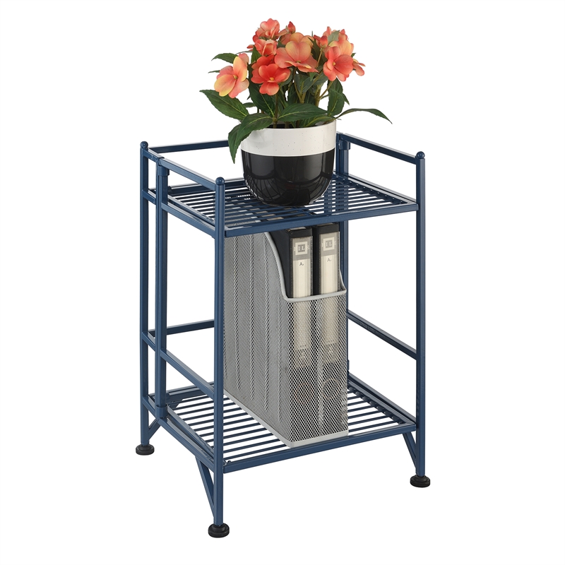 Pemberly Row Two-Tier Folding Metal Shelf in Cobalt Blue Metal Finish