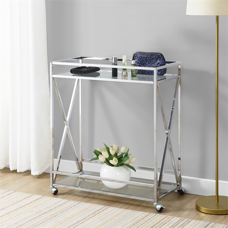 Pemberly Row Contemporary Chrome Metal Glass Bar Cart with Shelf