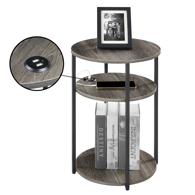 Pemberly Row Three-Tier End Table with USB Ports in Gray Wood Finish