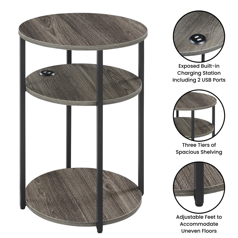Pemberly Row Three-Tier End Table with USB Ports in Gray Wood Finish