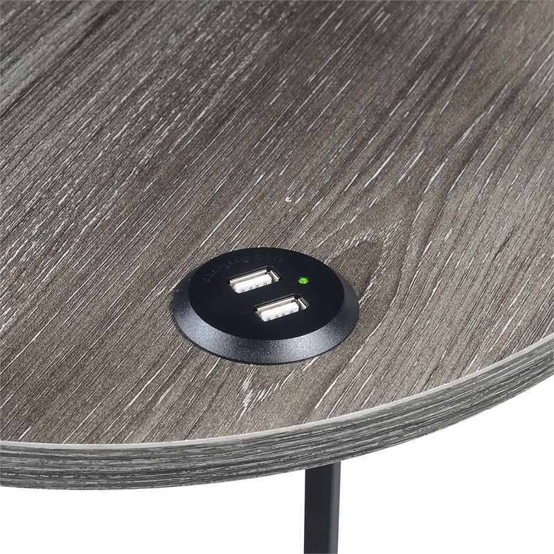 Pemberly Row Three-Tier End Table with USB Ports in Gray Wood Finish