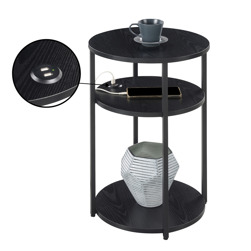 Pemberly Row Three-Tier End Table with USB Ports in Black Wood Finish