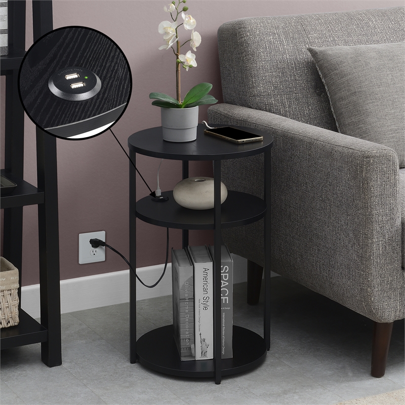 Pemberly Row Three-Tier End Table with USB Ports in Black Wood Finish
