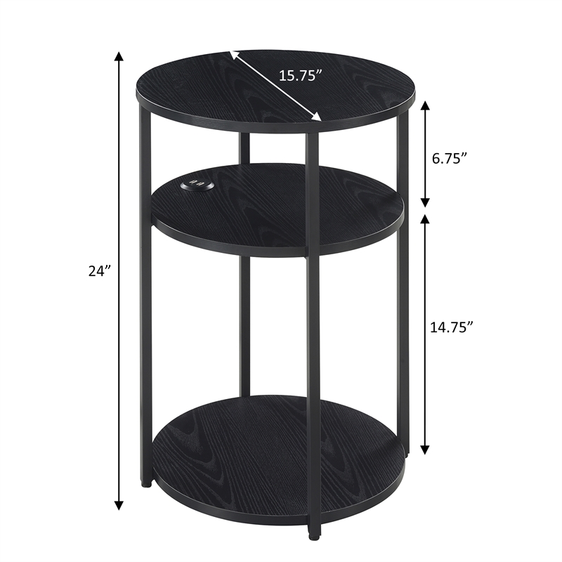 Pemberly Row Three-Tier End Table with USB Ports in Black Wood Finish