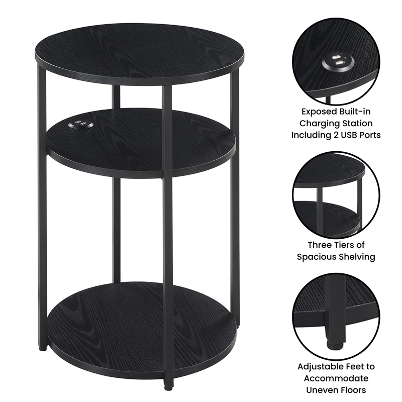 Pemberly Row Three-Tier End Table with USB Ports in Black Wood Finish