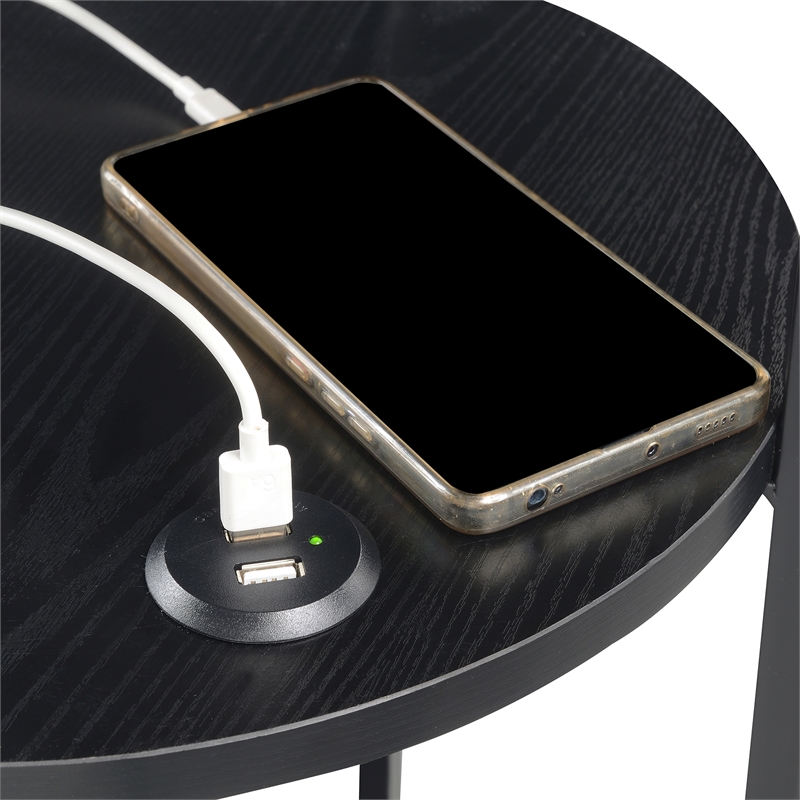 Pemberly Row Three-Tier End Table with USB Ports in Black Wood Finish