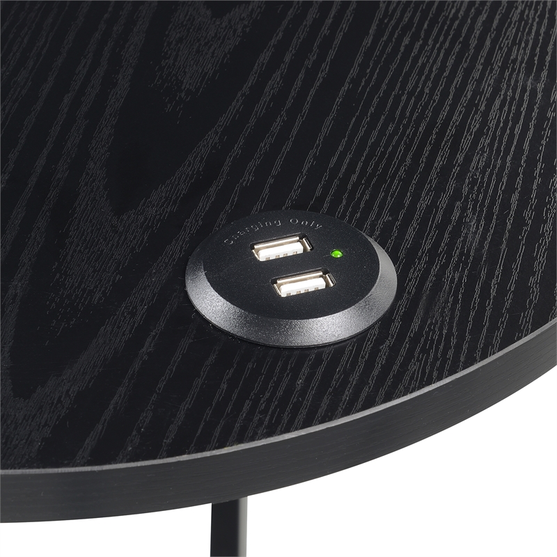 Pemberly Row Three-Tier End Table with USB Ports in Black Wood Finish
