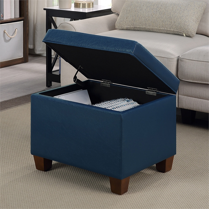 Pemberly Row Storage Ottoman in Blue Faux Leather with Solid Wood Feet